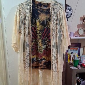 Rebellion Beige Lace Kimono Over Graphic Tee
